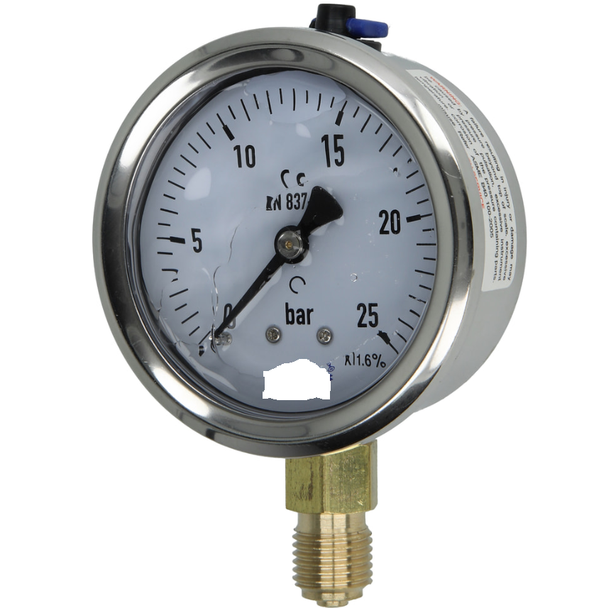 0-25 Bar Glycerine Filled Pressure Gauge, 1/4" Radial 63mm Stainless Steel Body