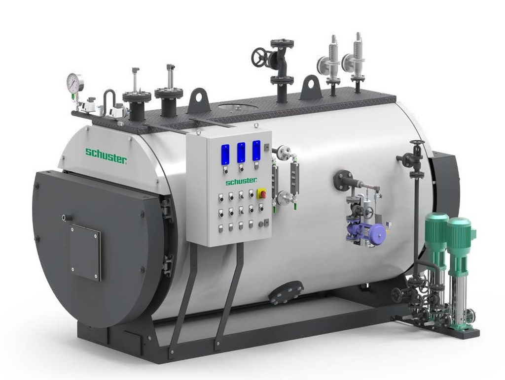 Schuster 500 kg/hr DE 12 Steam Boiler. High Pressure Packaged Steam Boiler, three-pass reverse flame Fire tube. Standard Version. Without Burner. Output 500 kg/hr from & at 100°C. Suitable for firing on gas or oil fuels.